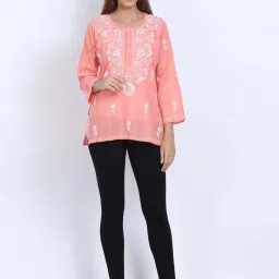 PARAMOUNT CHIKAN Peach Cotton Embroidered Straight Kurti image 4