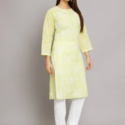 PARAMOUNT CHIKAN Lemon Green Cotton Chikankari Straight Kurta image 4