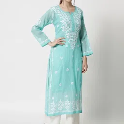 PARAMOUNT CHIKAN Sea Green Embroidered Straight Kurta image 4