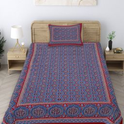Texstylers Maroon & Blue Floral 140 TC Single Bedsheet with 1 Pillow Covers-picture-38