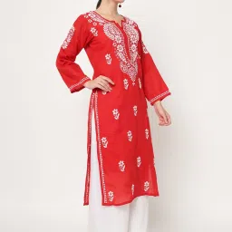 PARAMOUNT CHIKAN Red Cotton Chikankari Straight Kurta image 4