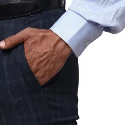 Raymond Dark Blue Slim Fit Check Flat Front Trousers image 4