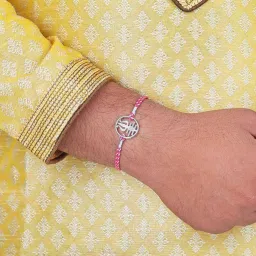 ornate jewels 925 Silver American Diamond Trishul Rakhi cum Pendant for Brother with Roli Chawal image 2