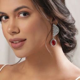 Rubans Rhodium Plated Red Earrings for Women-picture-8