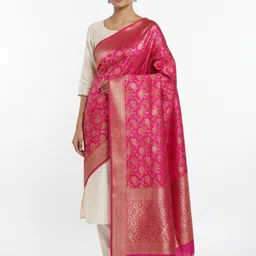 URBAN KANYA Floral Woven Design Banarasi Silk Dupatta With Tasselled Border image 3