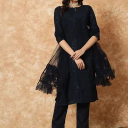 Fashionuma Striped Keyhole Neck Sequinned Straight Kurta With Trouser & Dupatta-picture-19