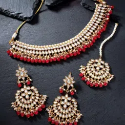 Peora 18K Gold Plated Kundan Pearl Choker Necklace Earring Mang Tikka Set-picture-12