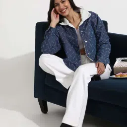 Campus Sutra Blue Cotton Regular Fit Printed Jacket image 5