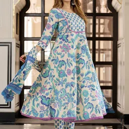 Jaitpuriya Women Floral Printed Regular Pure Cotton Anarkali Kurta with Trousers & Dupatta image 5