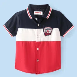 Babyhug Cotton Woven Half Sleeves Front Cut & Sew Pannel RIB CollarShirt with Badge Applique - Red White & Navy-picture-21