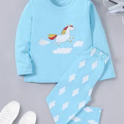 Funkrafts Full Sleeves Unicorn & Clouds Printed Coordinating Pure Cotton Night Suit - Blue-picture-18