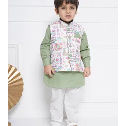 AJ Dezines Full Sleeves Solid Kurta & Pyjama With Floral Printed Jacket - Green-picture-12