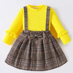Kookie Kids Cotton Knit Full Sleeves Frill Detailed T-Shirt & Checkered Skirt Set - Yellow-image-7