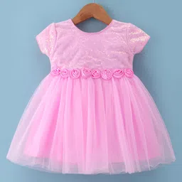 Babyhug Woven Half Sleeves Fit & Flared Party Frock with Sequin Embroidery & Floral Applique - Pink-picture-25
