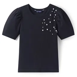 Pine Kids Cotton Knit Half Puffed Sleeves Top with Pearls Detailing - Black-picture-21