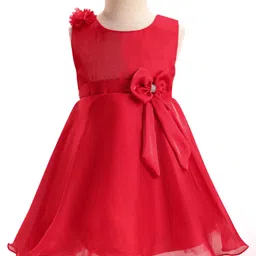 Babyhug Woven Sleeveless Party Dress with Floral & Bow Applique - Red-picture-11