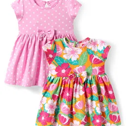 Babyhug Single Jersey Knit Half Sleeves Polka Dots & Floral Printed Dresses With Bow Applique Pack of 2 - Pink-picture-21