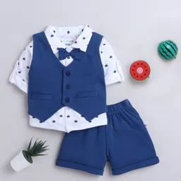 BUMZEE Interlock Knit Full Sleeves 3 Piece Boat Print Party Suit With Attached Bow - Navy Blue & White-picture-24