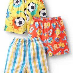 Babyhug Cotton Woven Above Knee Length Boxers With Checks & Football Print Pack Of 3 - Red Yellow & White-image-65