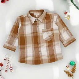 Little Ginnie Cotton Full Sleeves Checked Shirt - White & Brown-picture-15