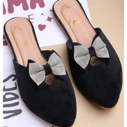Shoetopia Bow Applique Detailed Stones Embellished Colour Blocked Slip On Mules - Black-picture-12