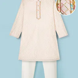 EARTHY TOUCH Woven Full Sleeves Kurta Pajama Set with Embroidery & Sequin Detailing - White-picture-21
