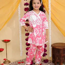 AJ Dezines Cotton Woven Three Fourth Sleeves Floral Printed Mirror Work Detailed Coordinating Kurti Pant Set - Pink-picture-26