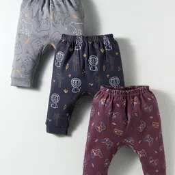 Zero Knit Full Length Diaper Leggings With Animal & Bird Print Pack of 3 - Brown Grey & Navy Blue-picture-24