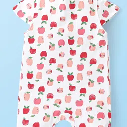 Babyhug 100% Cotton Knit Cap Sleeves Romper Apple Print - White image 2