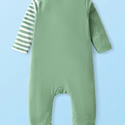 Babyhug Interlock Knit Full Sleeves Striped  Romper with Cap Wild Animal Print  - Green image 3