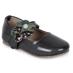 Mine Sole Glittered & Floral Sequins Embellished With Velco Closure Mary Jane Ballerinas - Black image 4