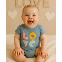 furr balls Organic Cotton Knit Half Sleeves Love Text Printed Onesie - Blue image 4