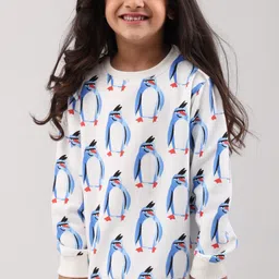 Anthrilo Fleece Knit Full Sleeves Penguin Printed Light Winter Sweatshirt - Off White image 5