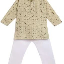 AJ Dezines Kids Beige & White Cotton Printed Full Sleeves Kurta Set image 4