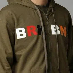 Breakbounce Dark Green Cotton Regular Fit Printed Hooded Sweatshirt image 4