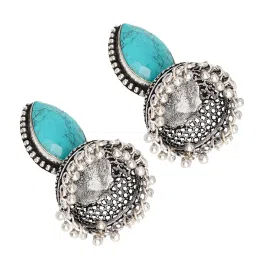 Teejh Ethnic Shanya Turquoise Stone Silver Oxidized Jhumki Earrings image 4