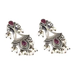Teejh Ethnic Nilay Red Stone Silver Oxidized Dangler Earrings image 4