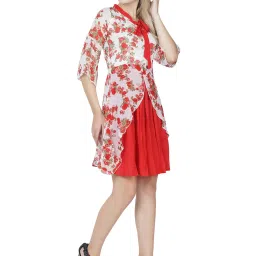 PATRORNA Red & White Floral Print A Line Dress image 4
