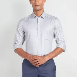 Arrow Grey Cotton Slim Fit Striped Shirt image 4
