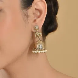 Fida White Ethnic Wedding Dome Shape Pearl Nandi Cow Temple Jhumki Earrings image 2
