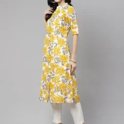 Divena White & Yellow Cotton Printed Straight Kurta image 3