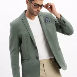 SHOWOFFFF Dark Green Cotton Solid Slim Fit Blazer-image-72