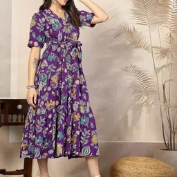 OTABU Women Floral Printed Gathered or Pleated Fit & Flare Midi Dress image 3