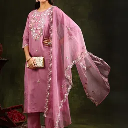 KALINI Women Floral Embroidered Regular Thread Work Chanderi Cotton Kurta with Trousers & With Dupatta image 3