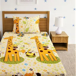 Home Sizzler Yellow & Orange Cartoon Characters 210 TC Single Bedsheet with 1 Pillow Covers image 2