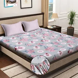 Myntra Elegant Homes Grey & Pink Floral Printed Fitted 300 TC Super King Bedsheet With 2 Pillow Cover-picture-28