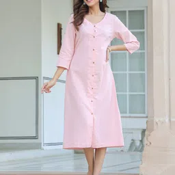 KALINI Women Cotton V-Neck Front Buttoned Belted A-Line Midi Dress-picture-18