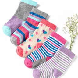 Cute Walk by Babyhug Cotton Anti Bacterial Ankle Length Socks Heart & Stripes Design Pack of 5 - Multicolour-image-50