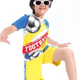 Ollington St. 100% Cotton Knit Half Sleeves T-Shirt & Shorts Set With Football Print - White Blue & Yellow-picture-22