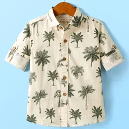 JASH KIDS Cotton Knit Full Sleeves Beach Theme Printed Shirt - Olive Green-image-40